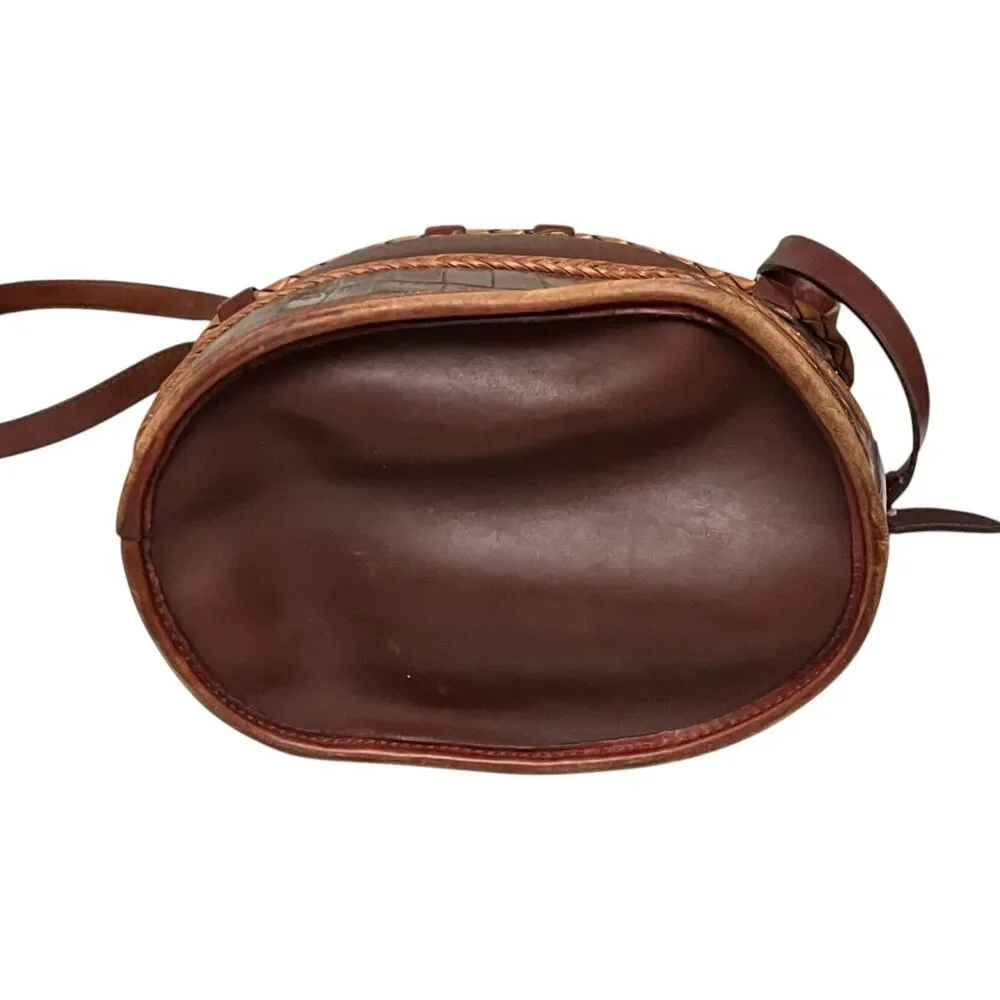Brighton Vintage Brown Leather Bucket Bag Drawstring Crossbody Croc Trim Concho - Picture 8 of 11